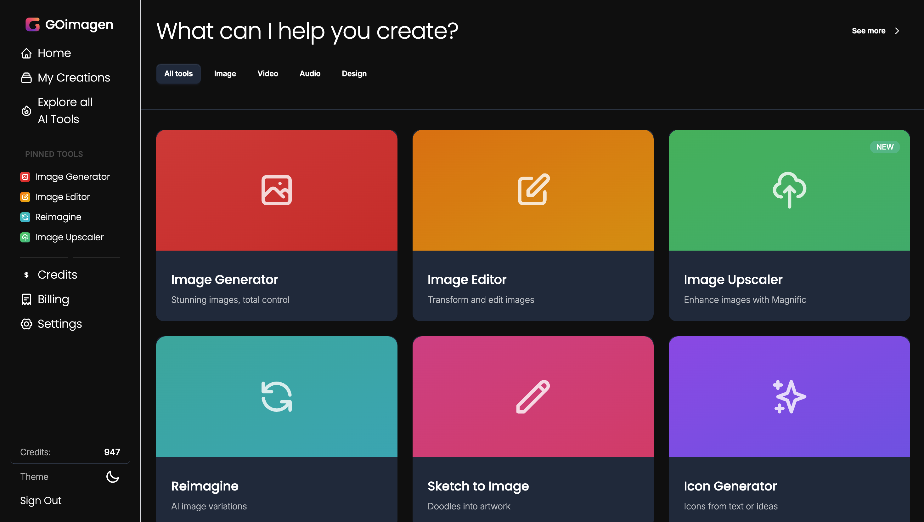 Screenshot of GoImagen dashboard showing AI tools